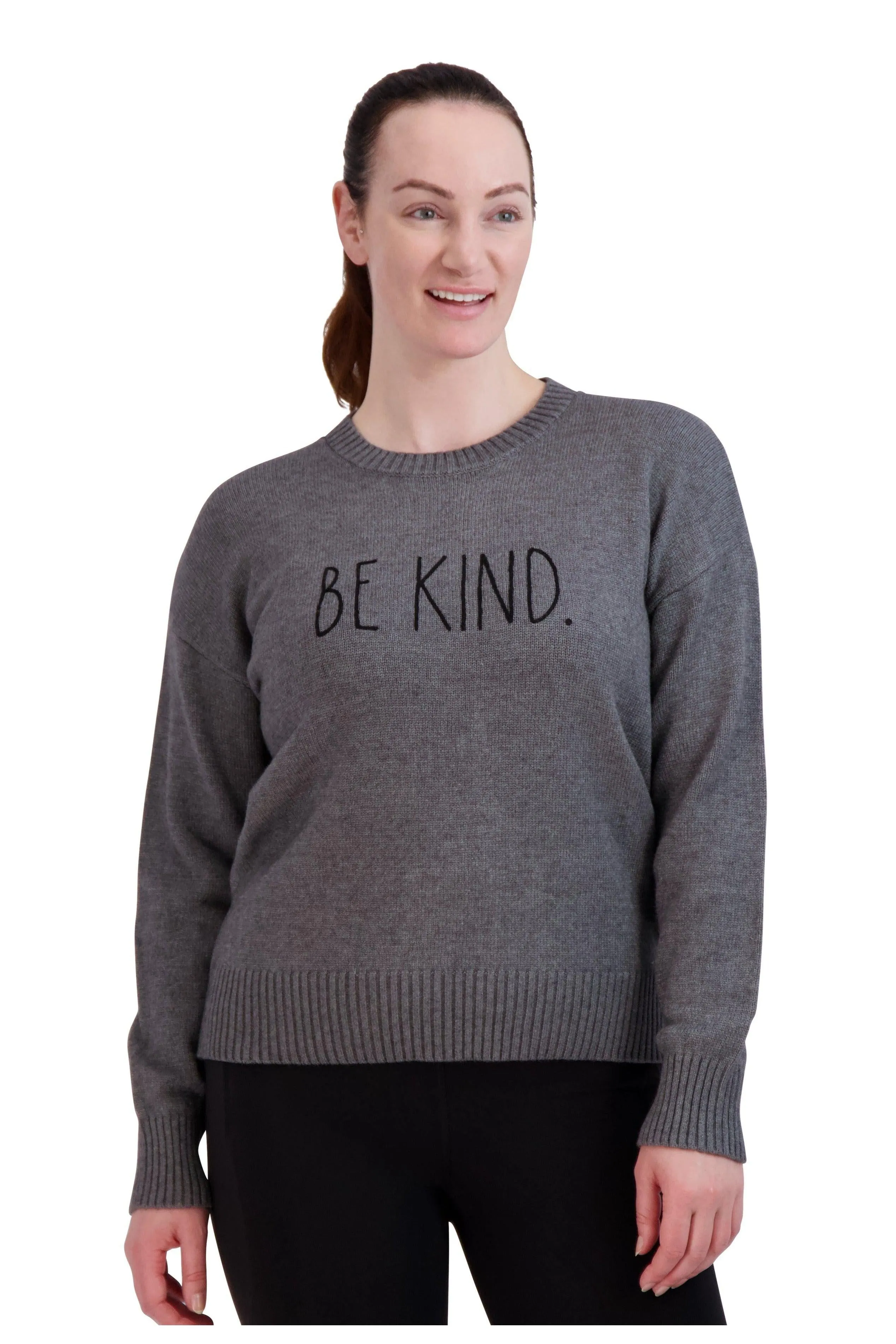 Women's Embroidered "BE KIND" Knit Gray Sweater