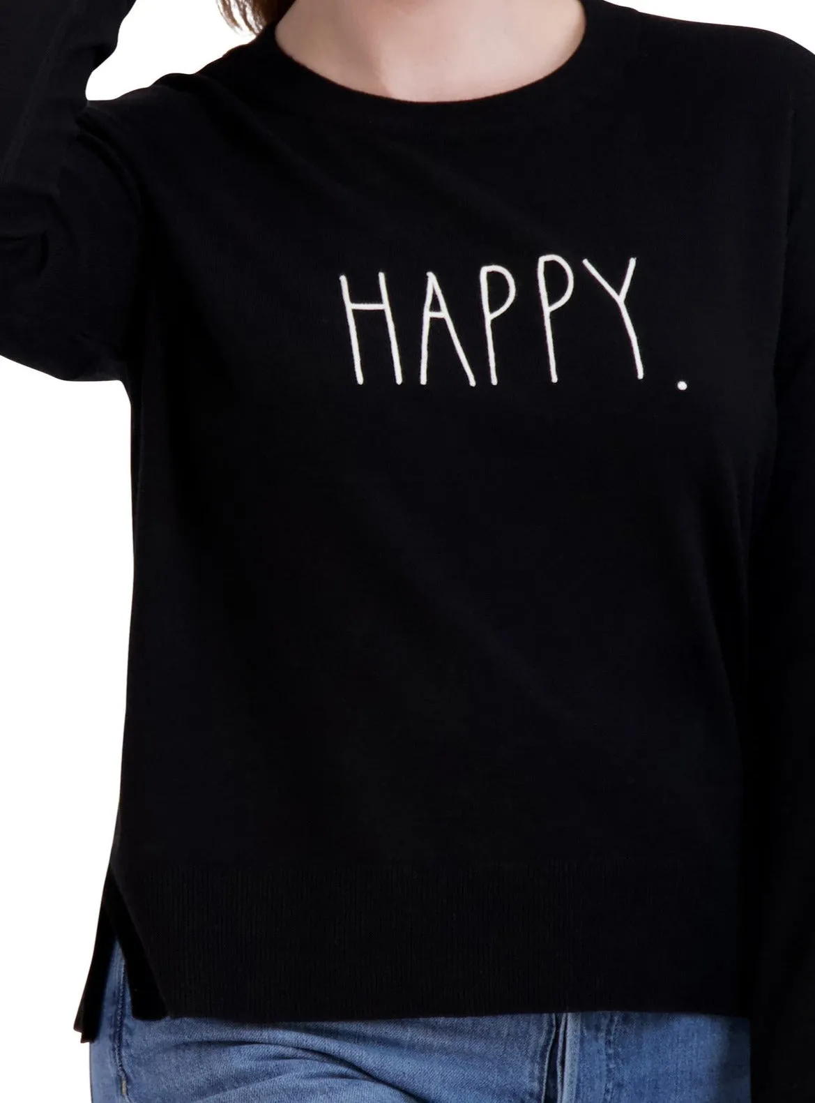 Women's Embroidered "HAPPY" Knit Black Sweater