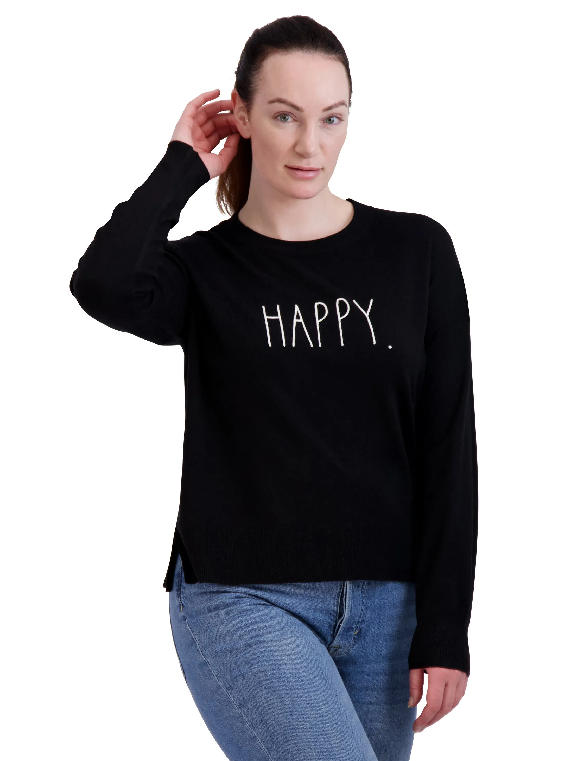 Women's Embroidered "HAPPY" Knit Black Sweater