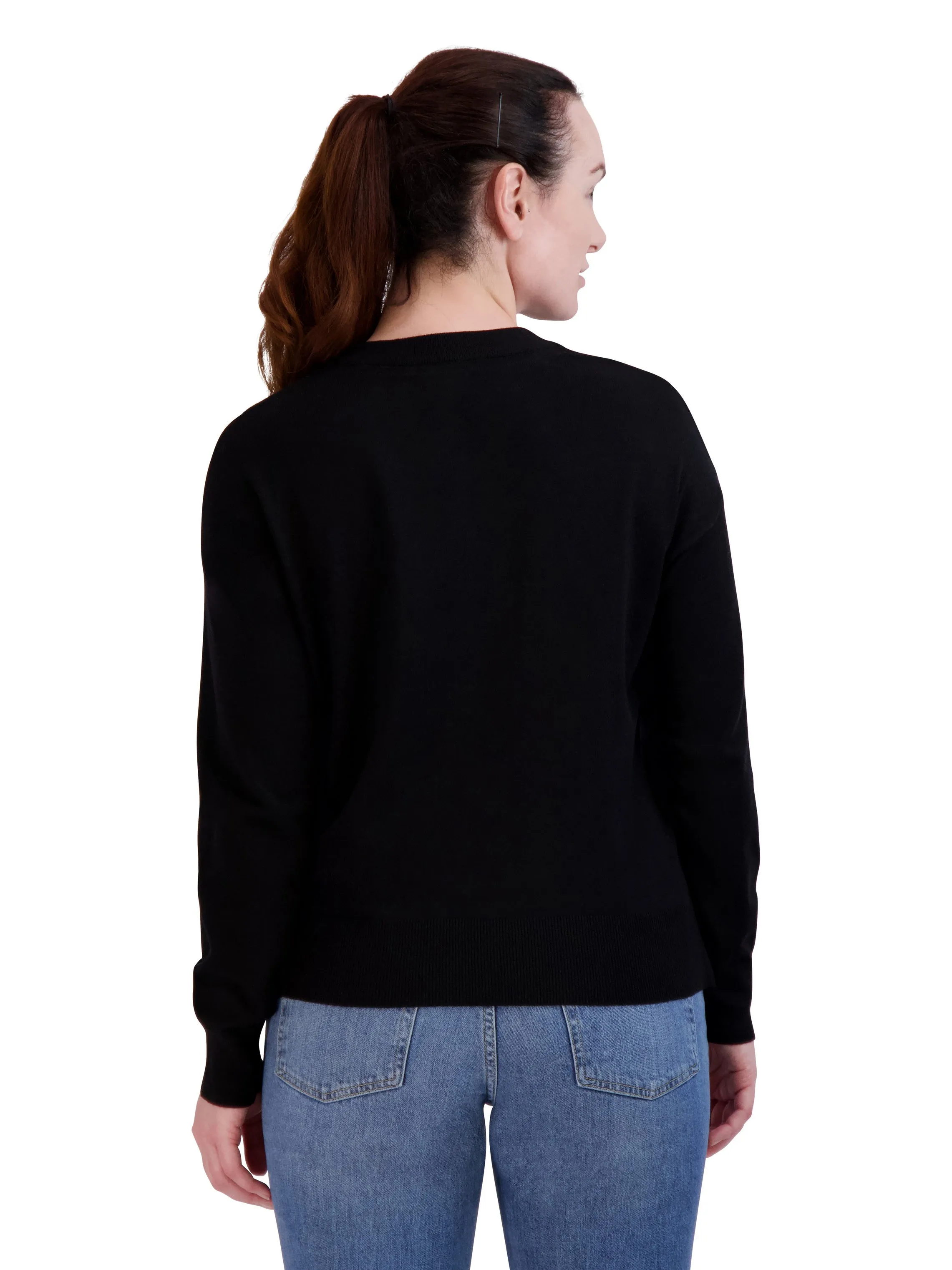 Women's Embroidered "HAPPY" Knit Black Sweater