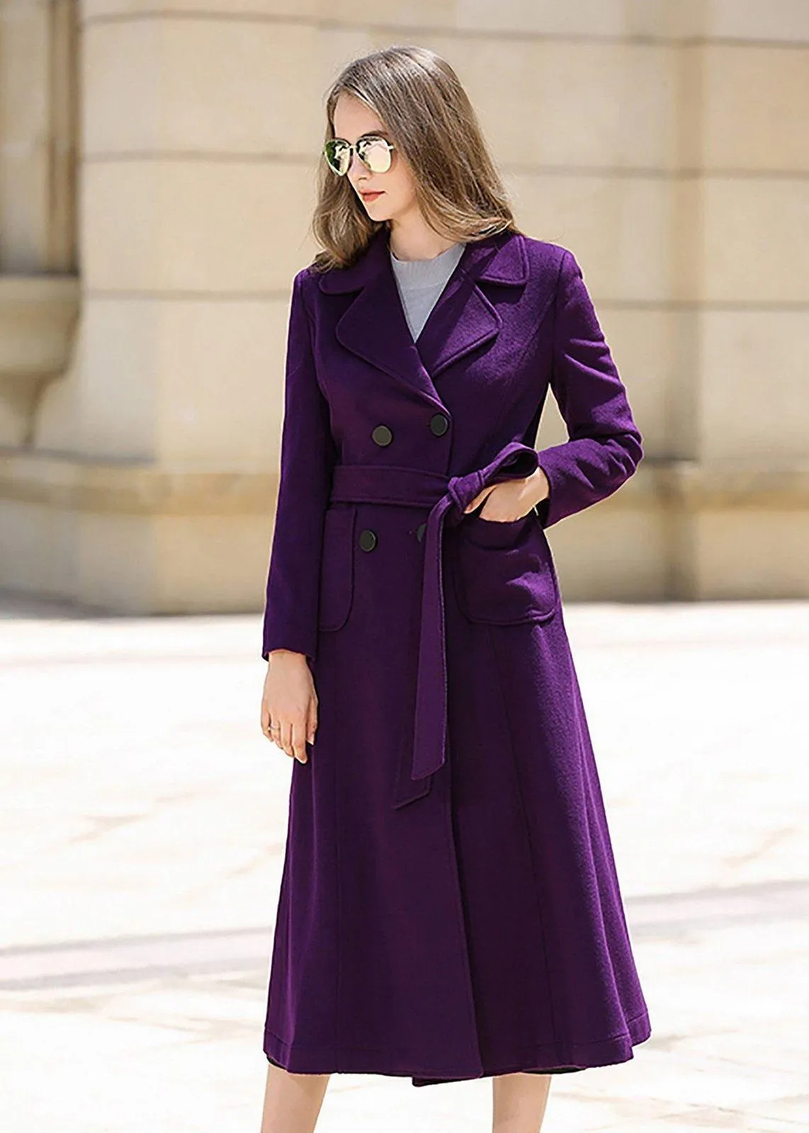 Wool Blend Double Breasted Long Coat