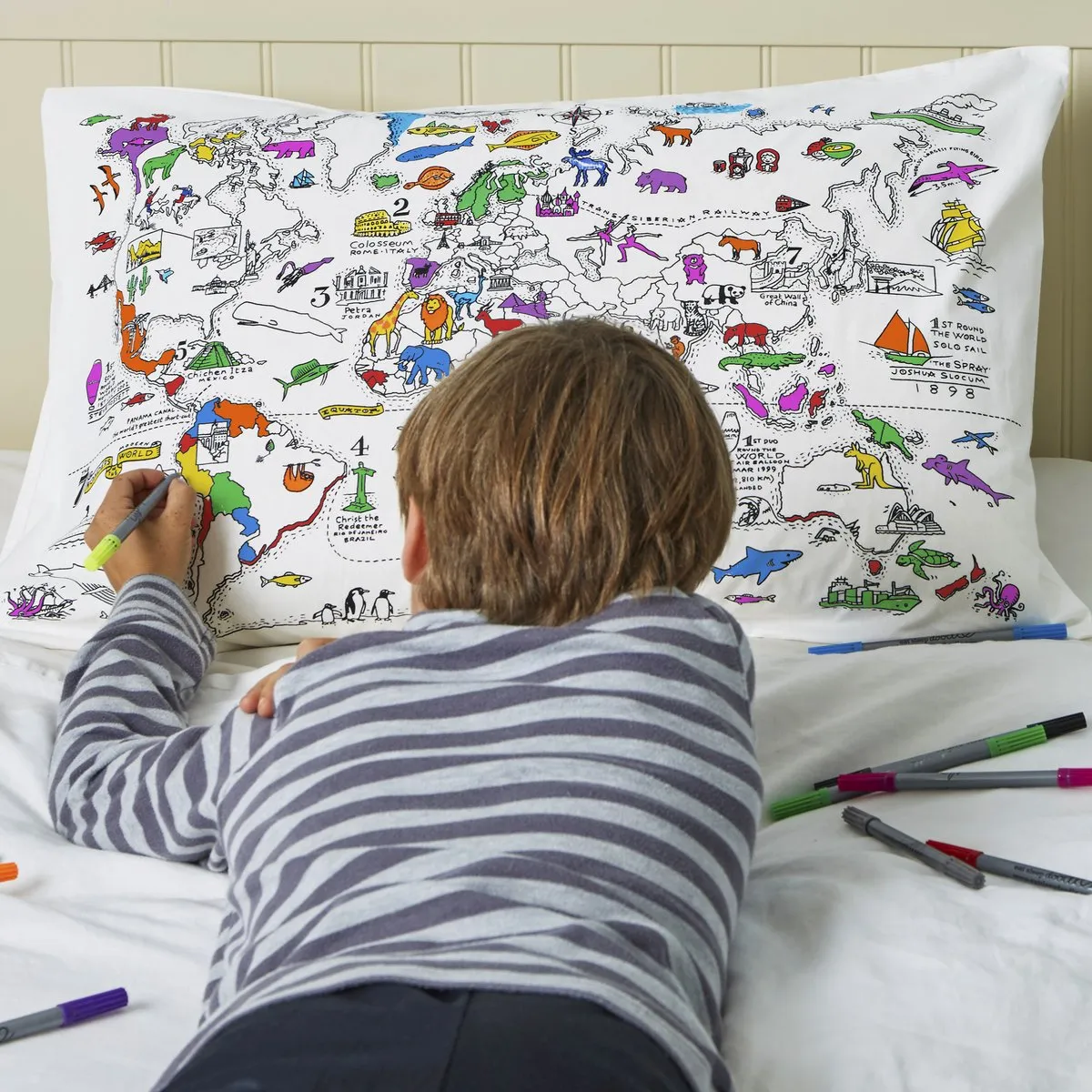 world map pillowcase - colour in & learn