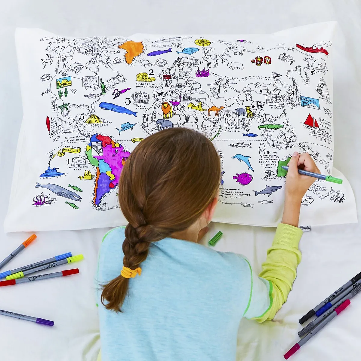 world map pillowcase - colour in & learn