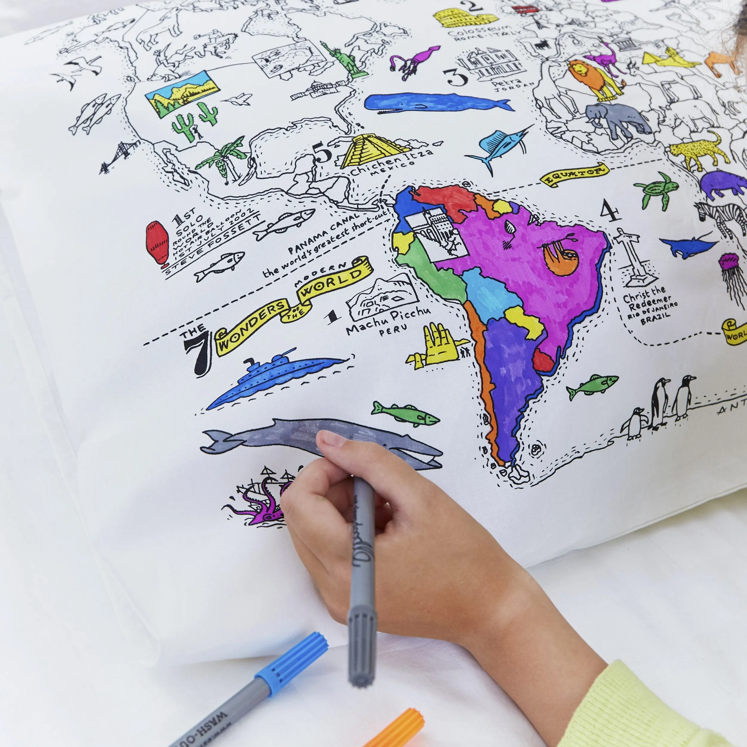 world map pillowcase - colour in & learn